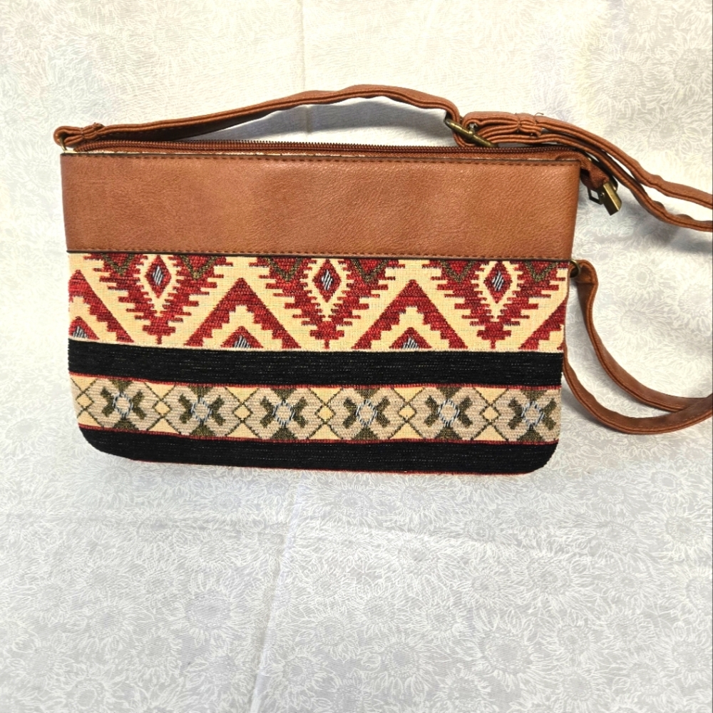 Elegant Brown and Red Patterned Crossbody Bag